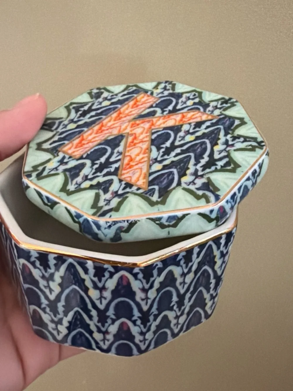 Anthropologie Decorative Octagon Jewelry Box with Orange 'K' Monogram